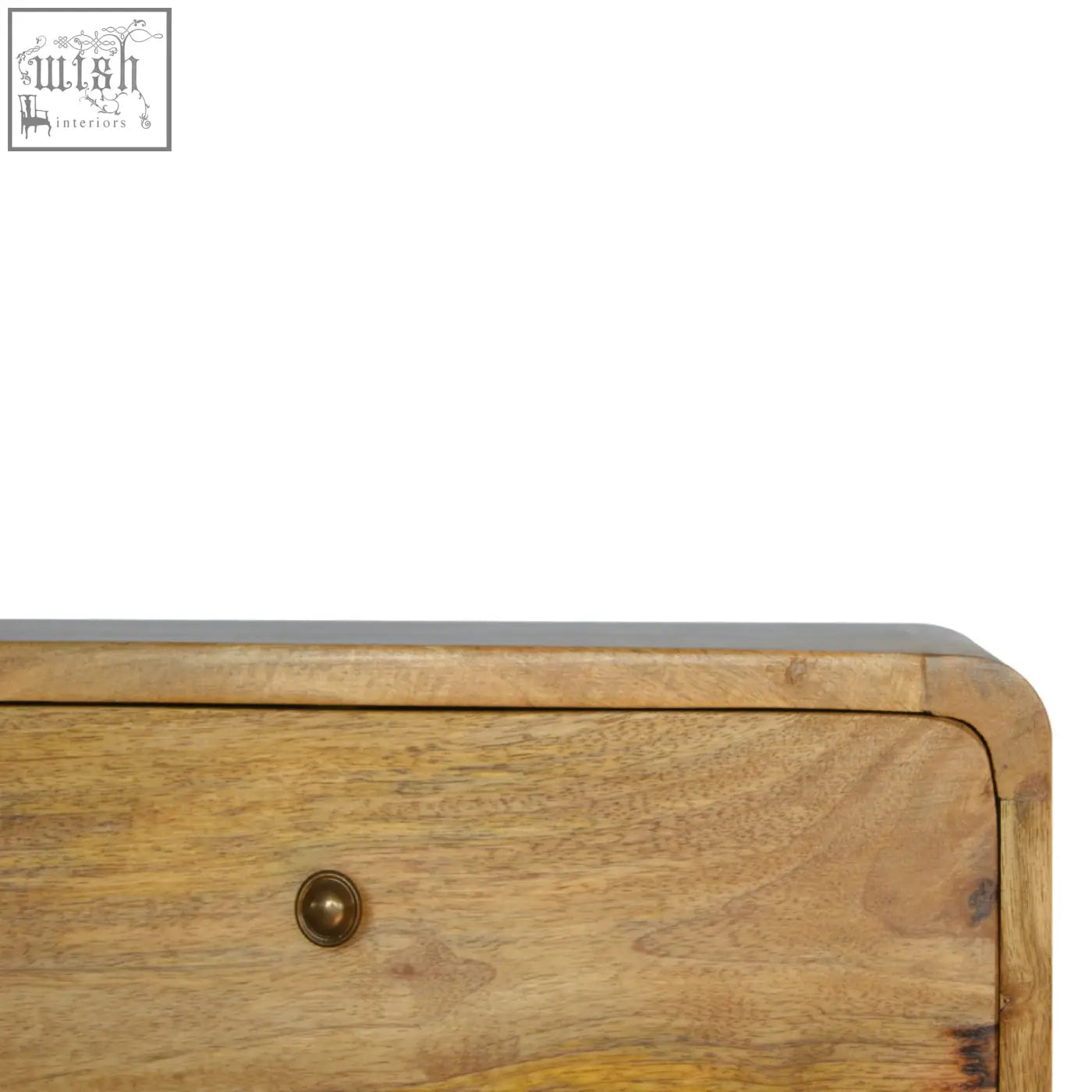 Oak-ish light brown wooden drawer floating bedside table with brass round knob wall-mounted design