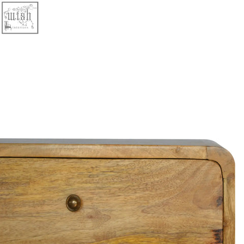 Oak-ish light brown wooden drawer floating bedside table with brass round knob wall-mounted design