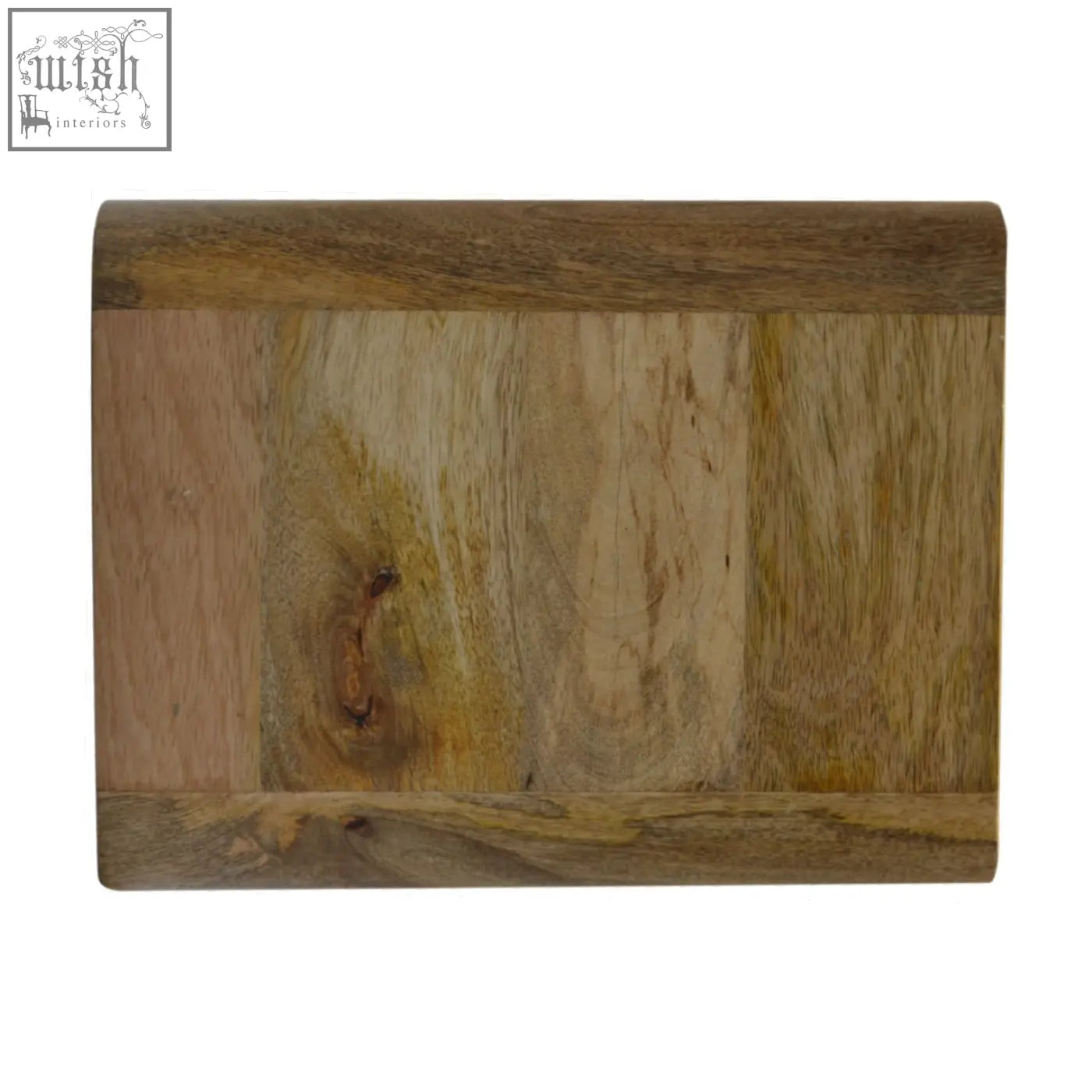 Oak-ish drawer floating bedside table with two drawers and rustic rectangular wooden cutting board with varied wood tones