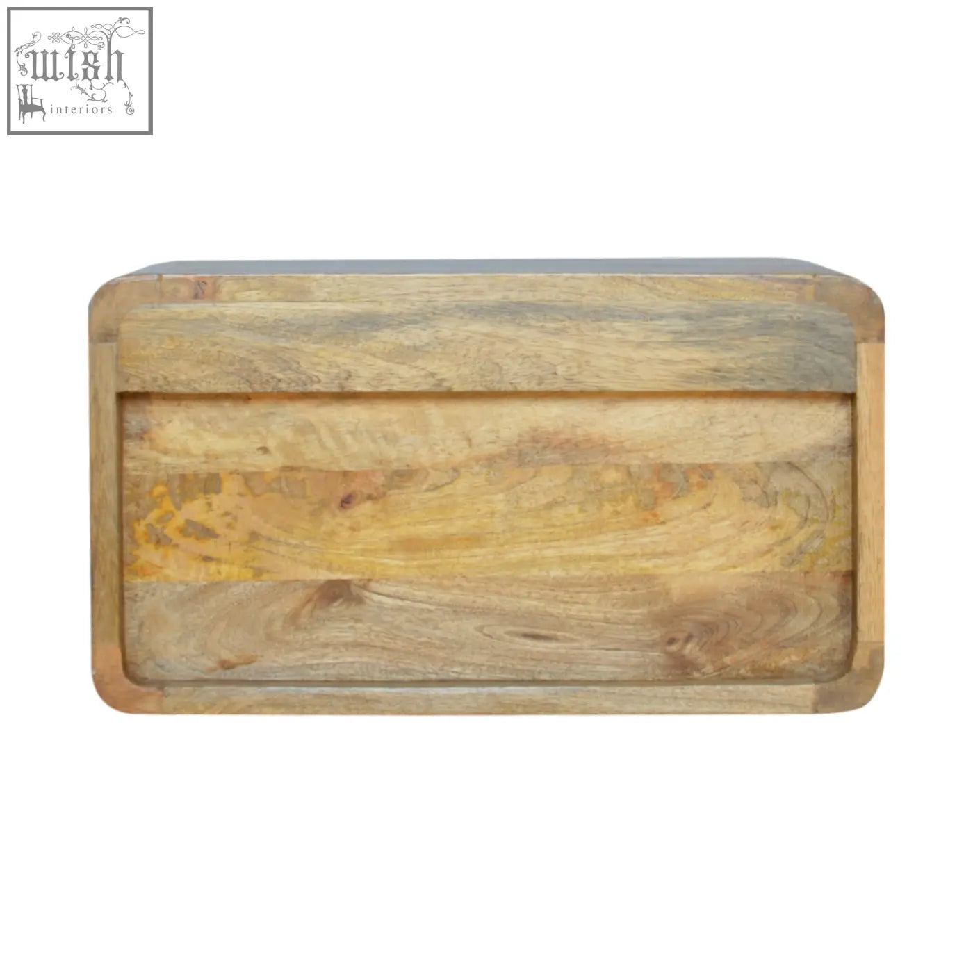 Oak-ish 2-drawer floating bedside table made of light brown oak wood with visible grain patterns and wall-mounted design