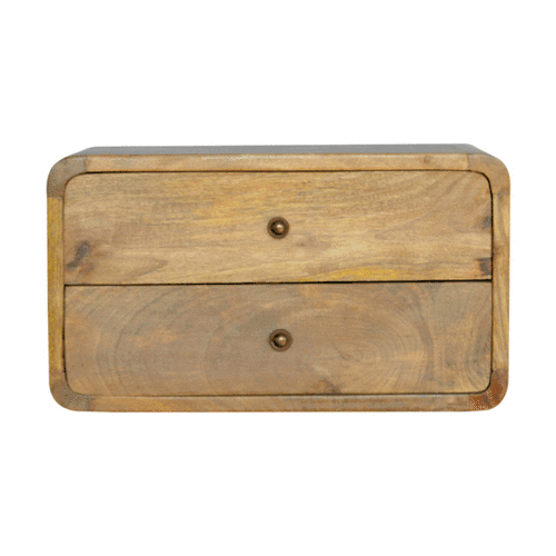 Rustic light brown oak-ish 2-drawer floating bedside table with brass knobs and rounded edges wall-mounted drawer floating bedside