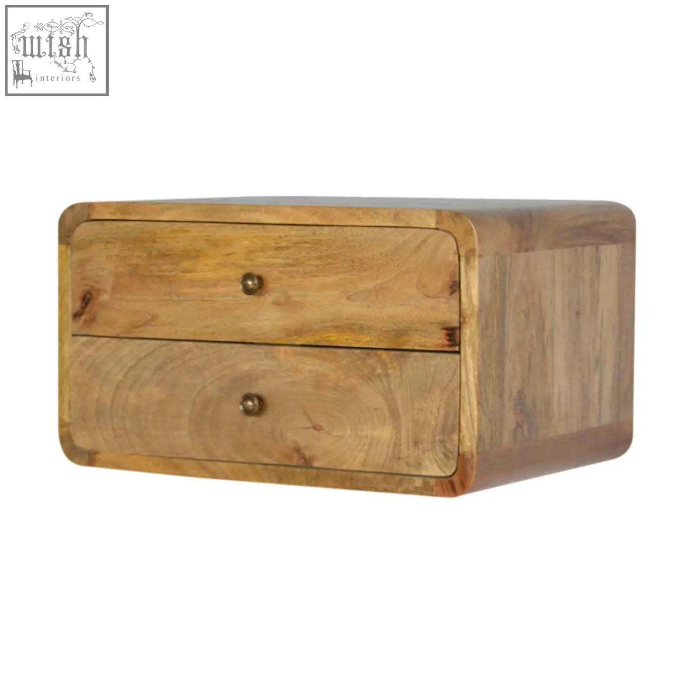 Oak-ish light brown wooden two-drawer floating bedside table with rounded edges and brass knobs wall-mounted design