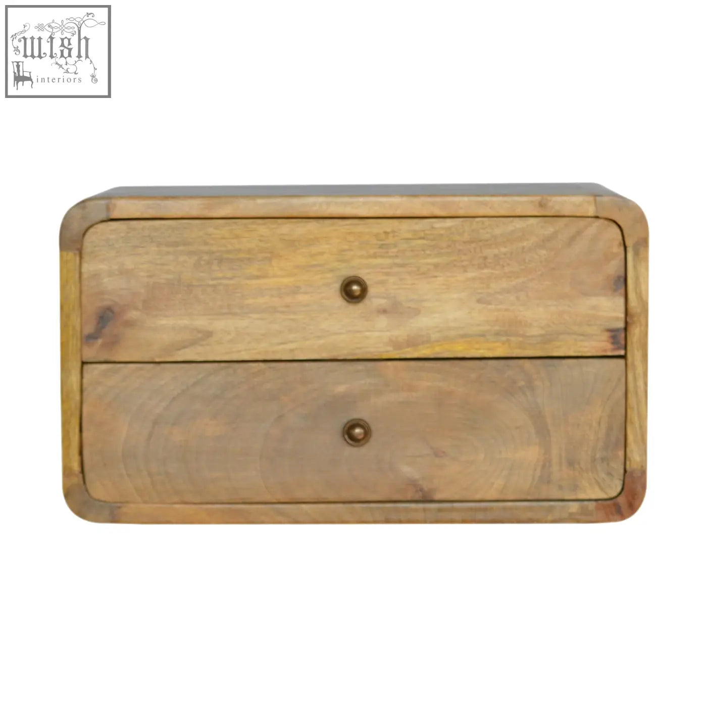 A rustic oak-ish two-drawer floating bedside table with a natural light brown finish and brass knobs