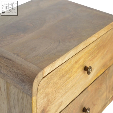 Oak-ish 2-drawer floating bedside table in rustic wood with brass knobs for stylish drawer floating storage