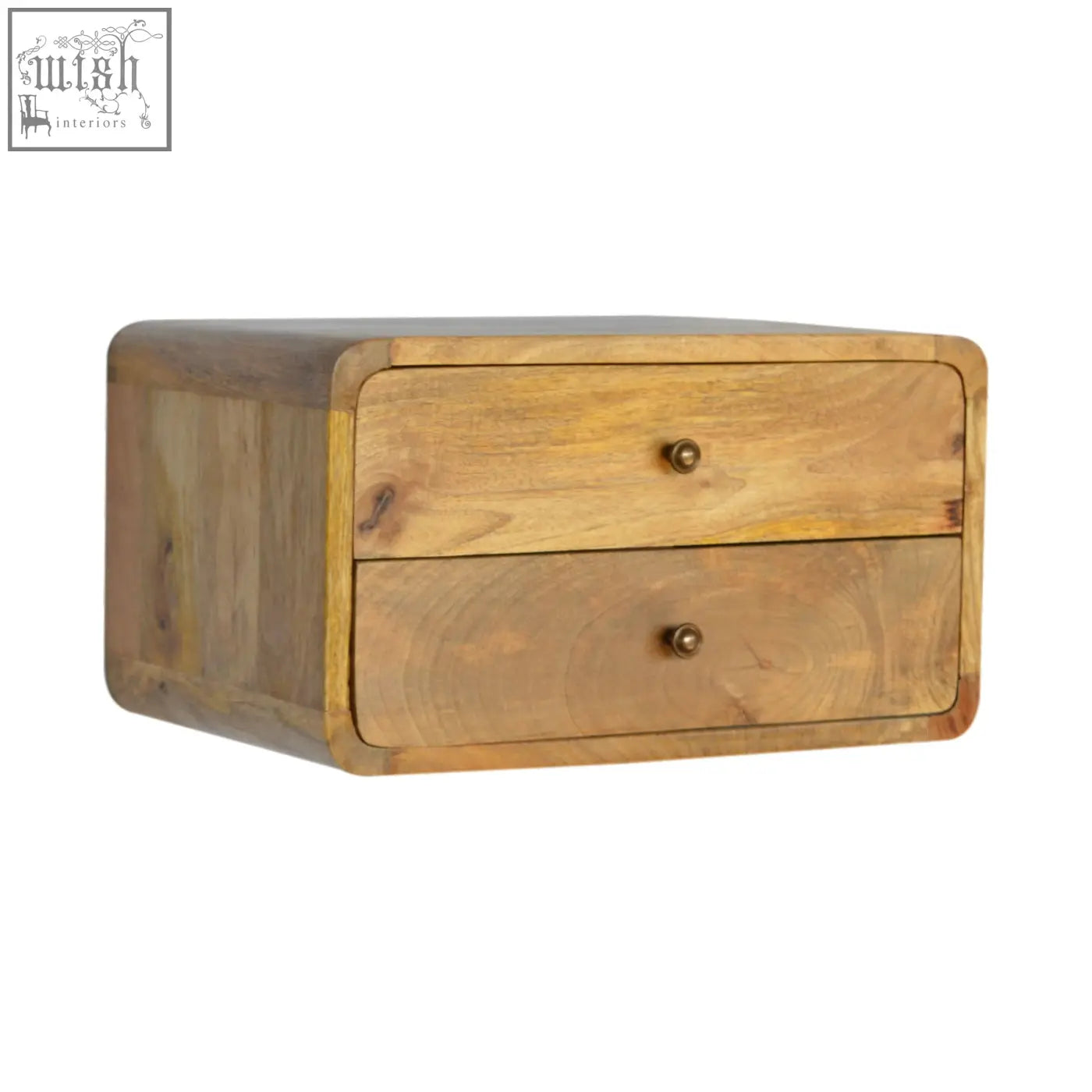 Oak-ish rustic wooden two-drawer floating bedside table with natural finish and brass knobs wall-mounted organizer