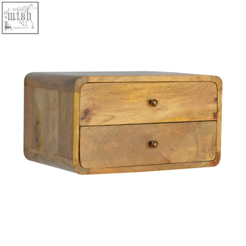 Oak-ish rustic wooden two-drawer floating bedside table with natural finish and brass knobs wall-mounted organizer