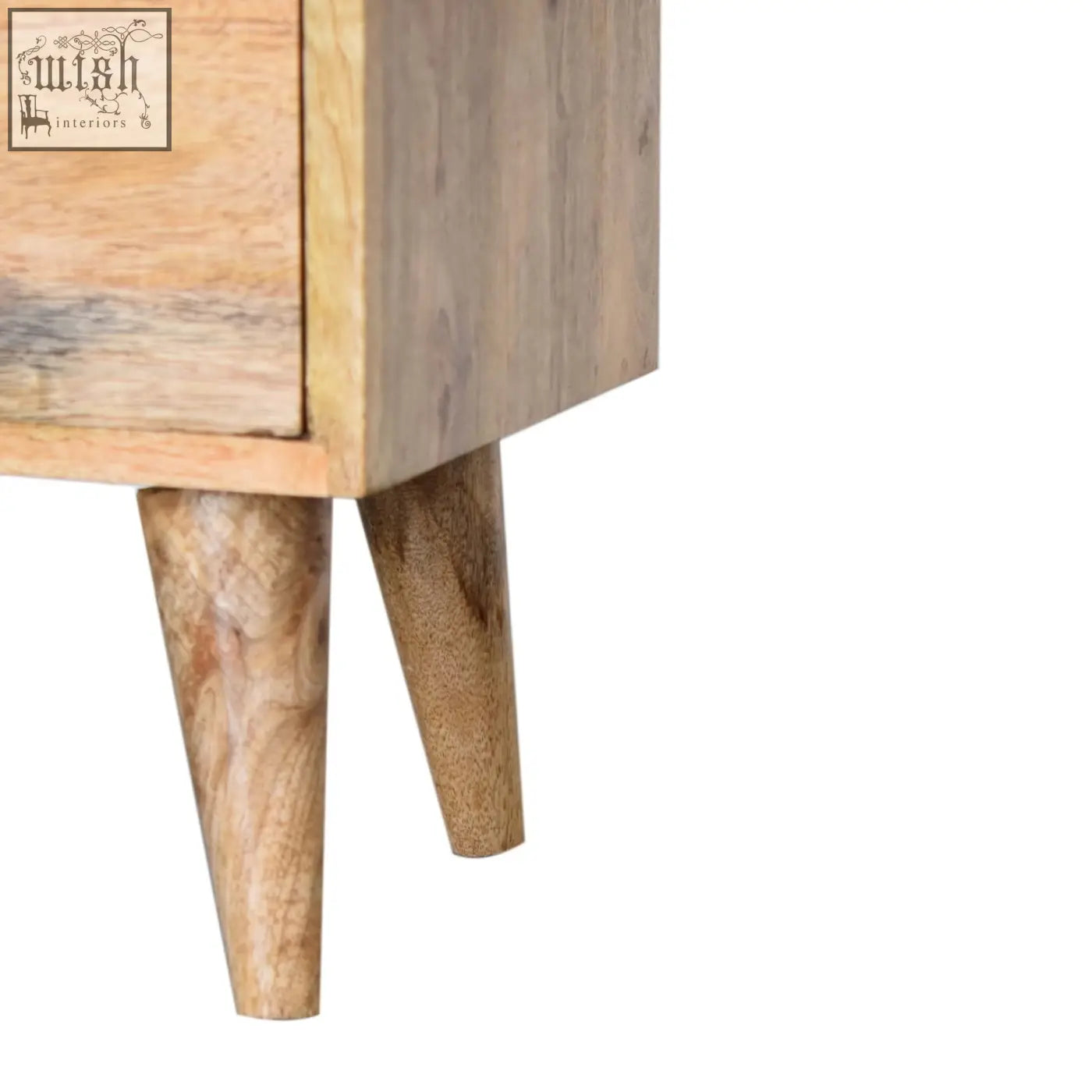 Light brown oak ish bedside table with natural wood grain finish and nordic style legs for bedroom use