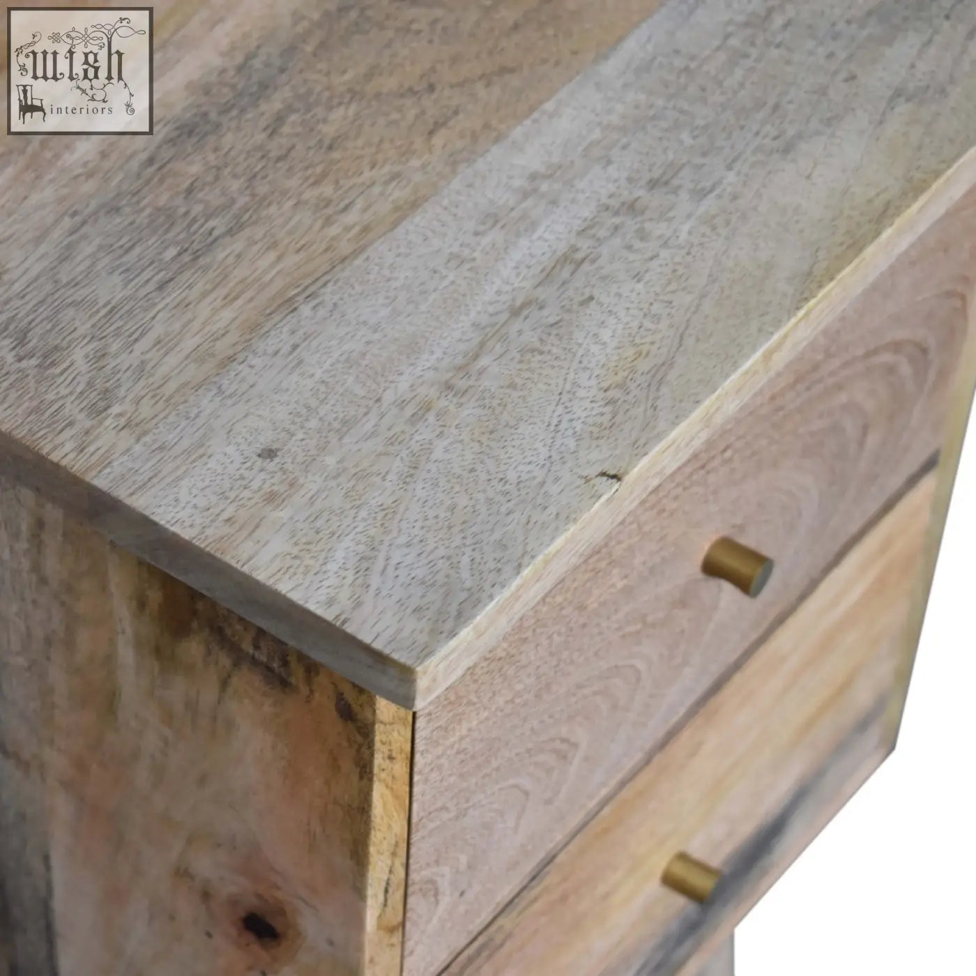 Oak ish bedside table with rustic light wood grain brass drawer pulls and nordic style legs
