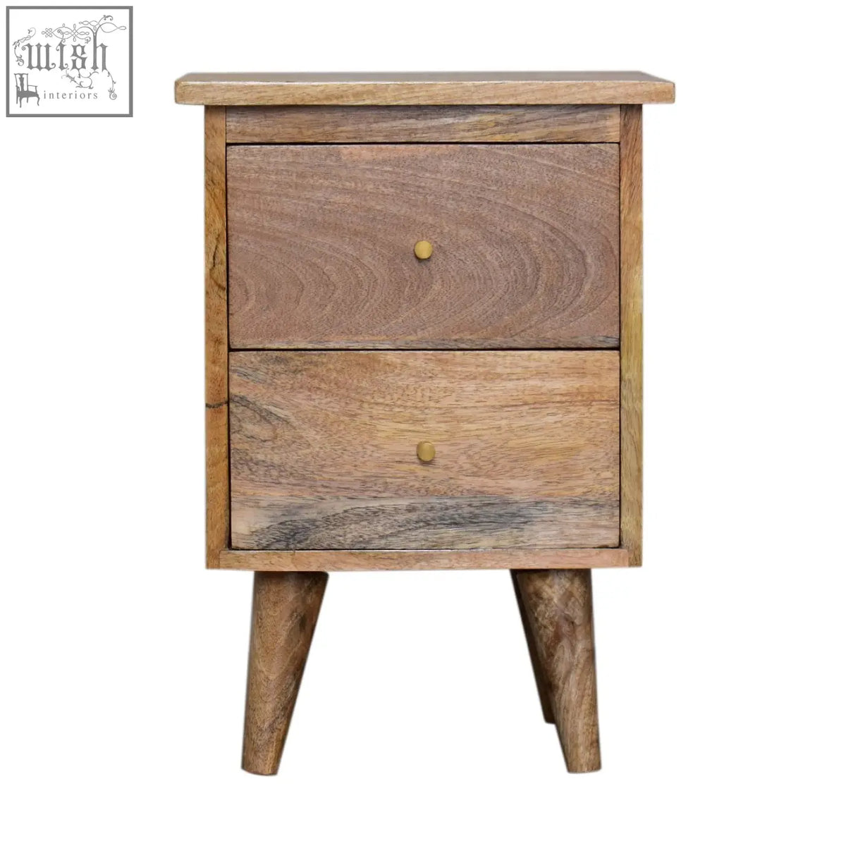 Oak ish bedside table with rustic wood, two drawers with brass knobs, and nordic style legs for a cozy look
