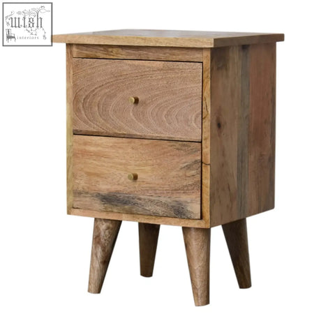 Rustic oak ish bedside table with two drawers and nordic style legs in natural wood finish