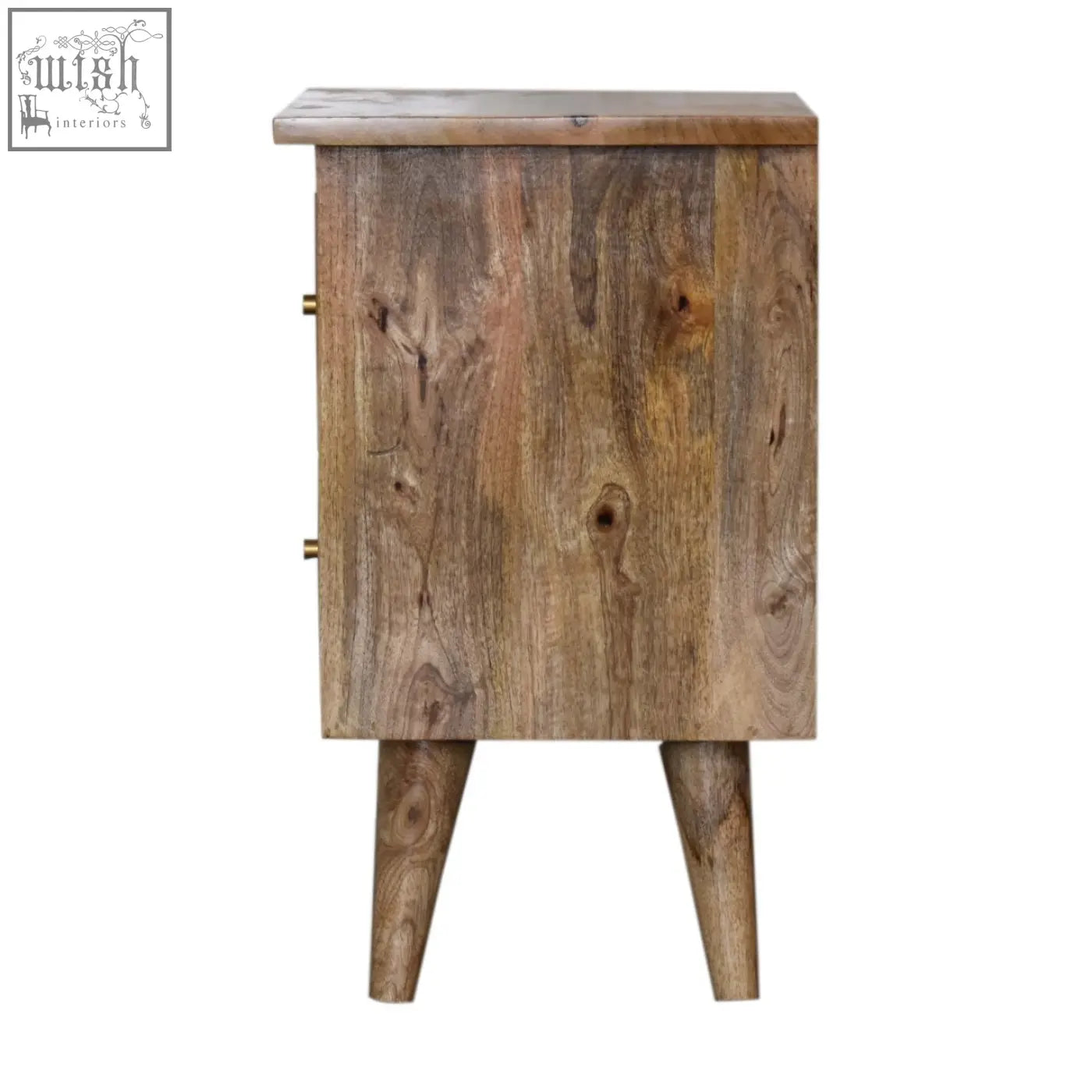 Rustic oak ish bedside table with two drawers and nordic style legs in natural wood finish
