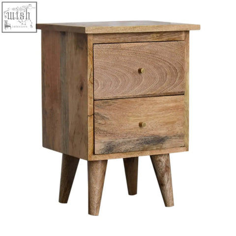 Rustic oak ish bedside table with two drawers and nordic style legs in natural wood finish
