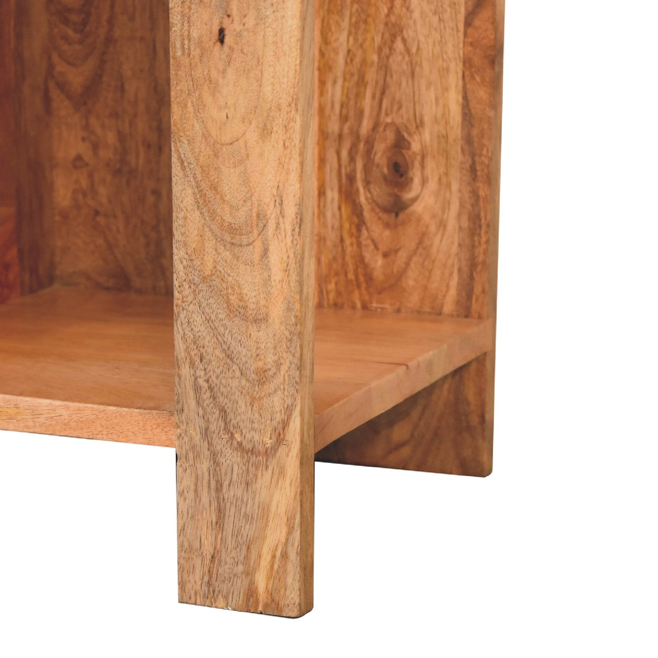Natural wood oak-ish box bedside table with open storage and a compact footprint in warm light brown finish