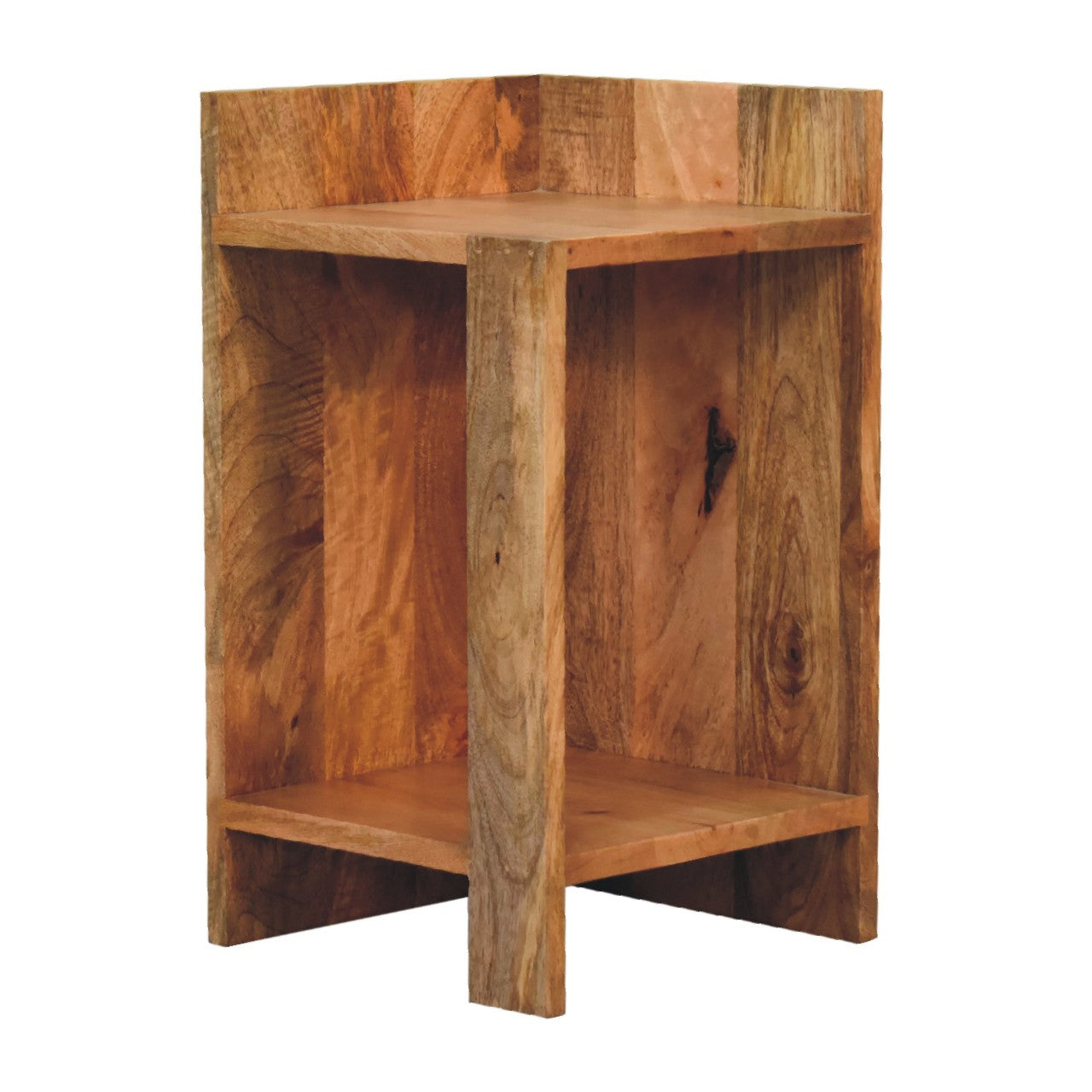 Rustic wooden oak-ish box bedside table with open storage, two shelves, metal latch, and compact footprint