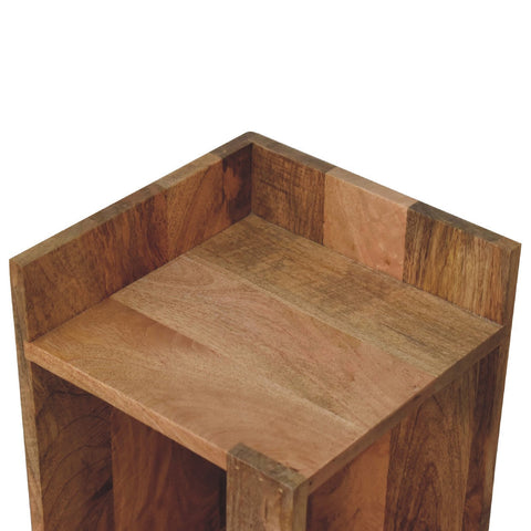 Oak-ish box bedside table with rustic wooden open shelf and warm oak-ish finish featuring visible grain patterns and compact footprint