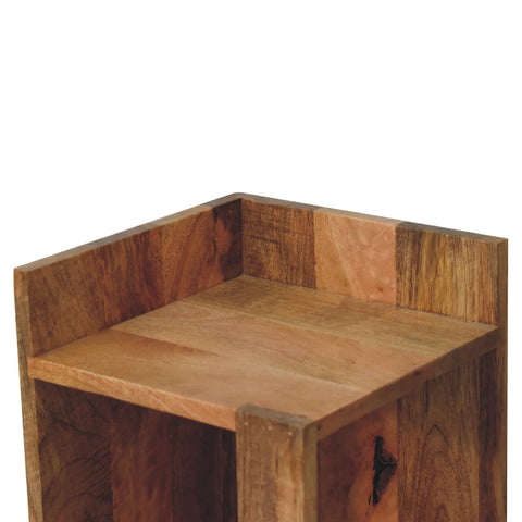 Rustic oak-ish finish wooden corner shelf with open storage and compact footprint for bedside or small spaces