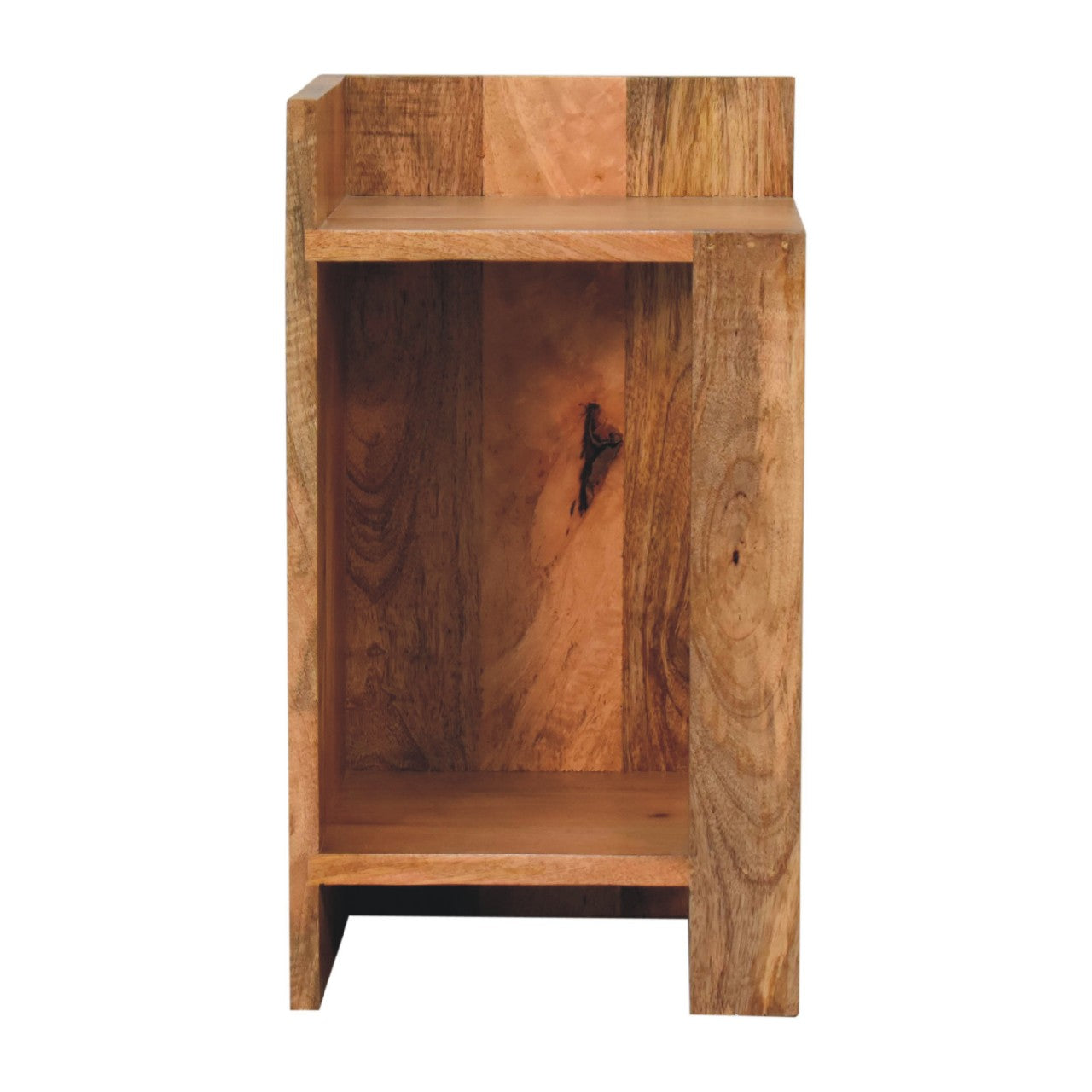 Rustic wooden nightstand with oak-ish finish open storage and compact footprint featuring natural grain and wood knots