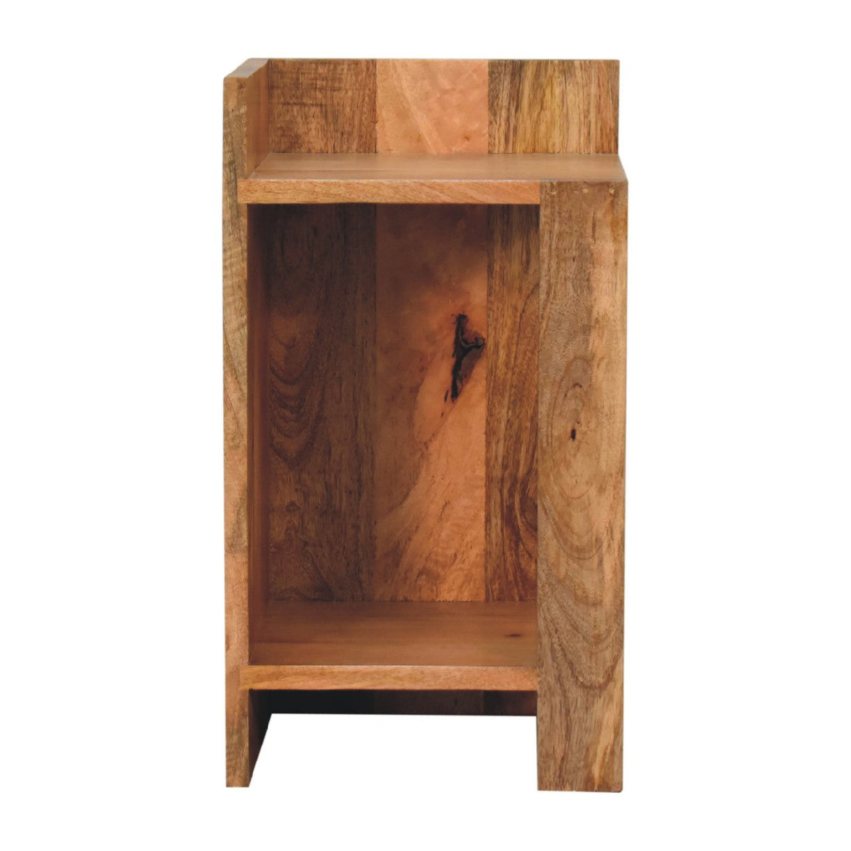 Rustic wooden nightstand with oak-ish finish open storage and compact footprint featuring natural grain and wood knots