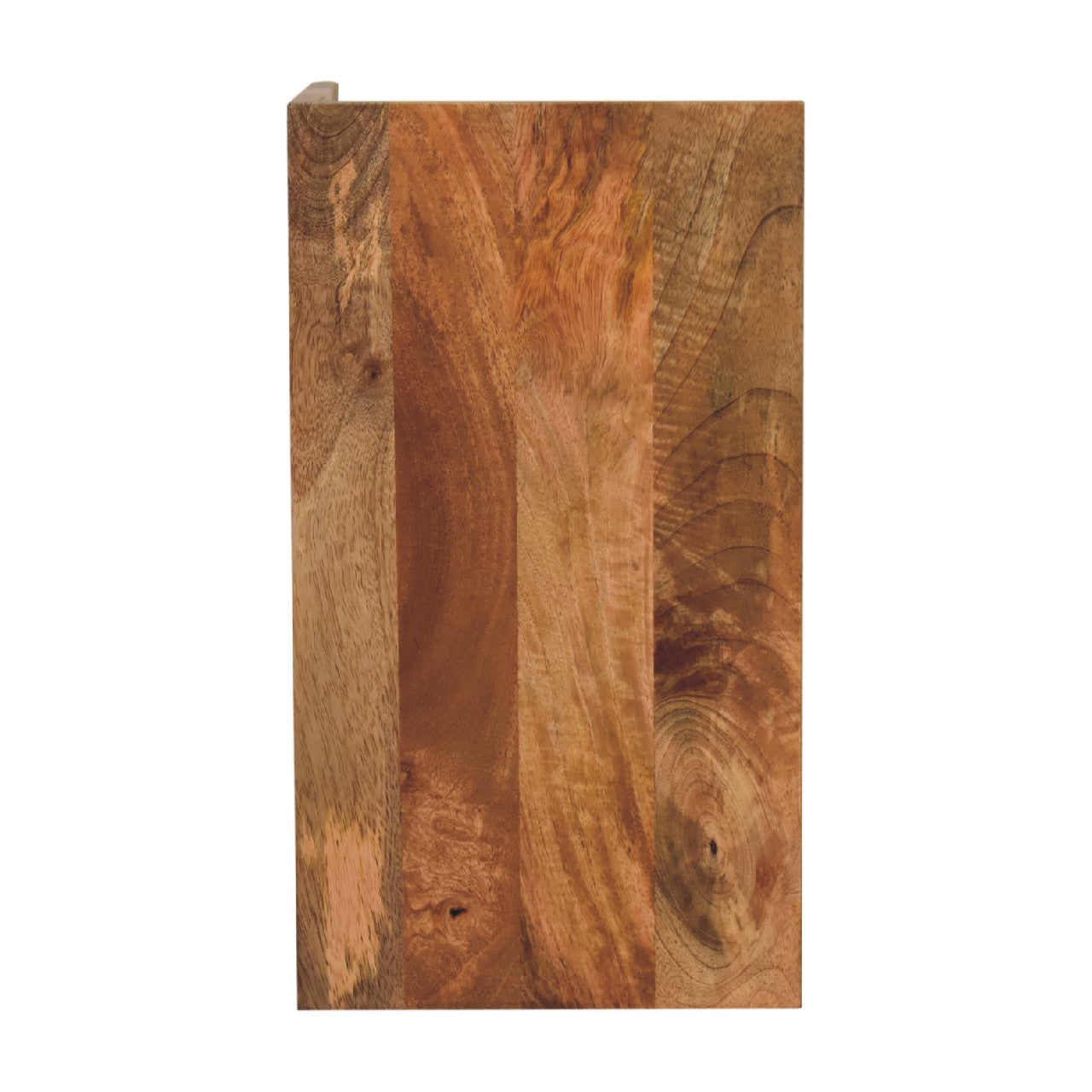 Oak-ish box bedside table with rustic wooden panel open storage and a compact footprint in warm amber tones