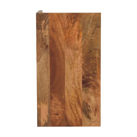 Oak-ish box bedside table with rustic wooden panel open storage and a compact footprint in warm amber tones