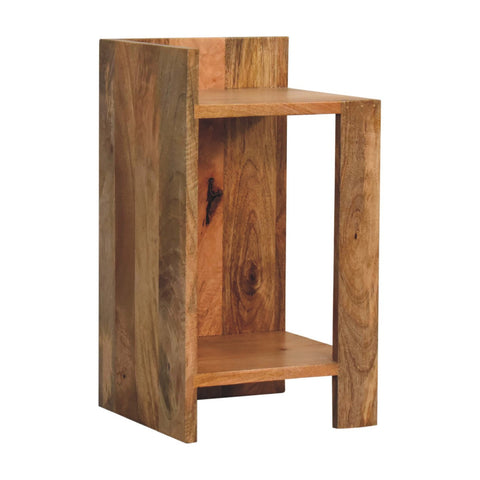 Rustic oak-ish box bedside table with open storage shelves and natural wood grain in a compact footprint