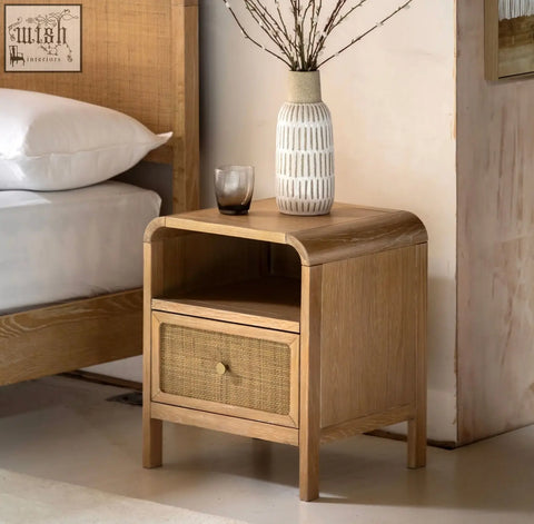 Light wood oakham bedside cabinet with woven rattan drawer front and curved top edge bedside cabinet