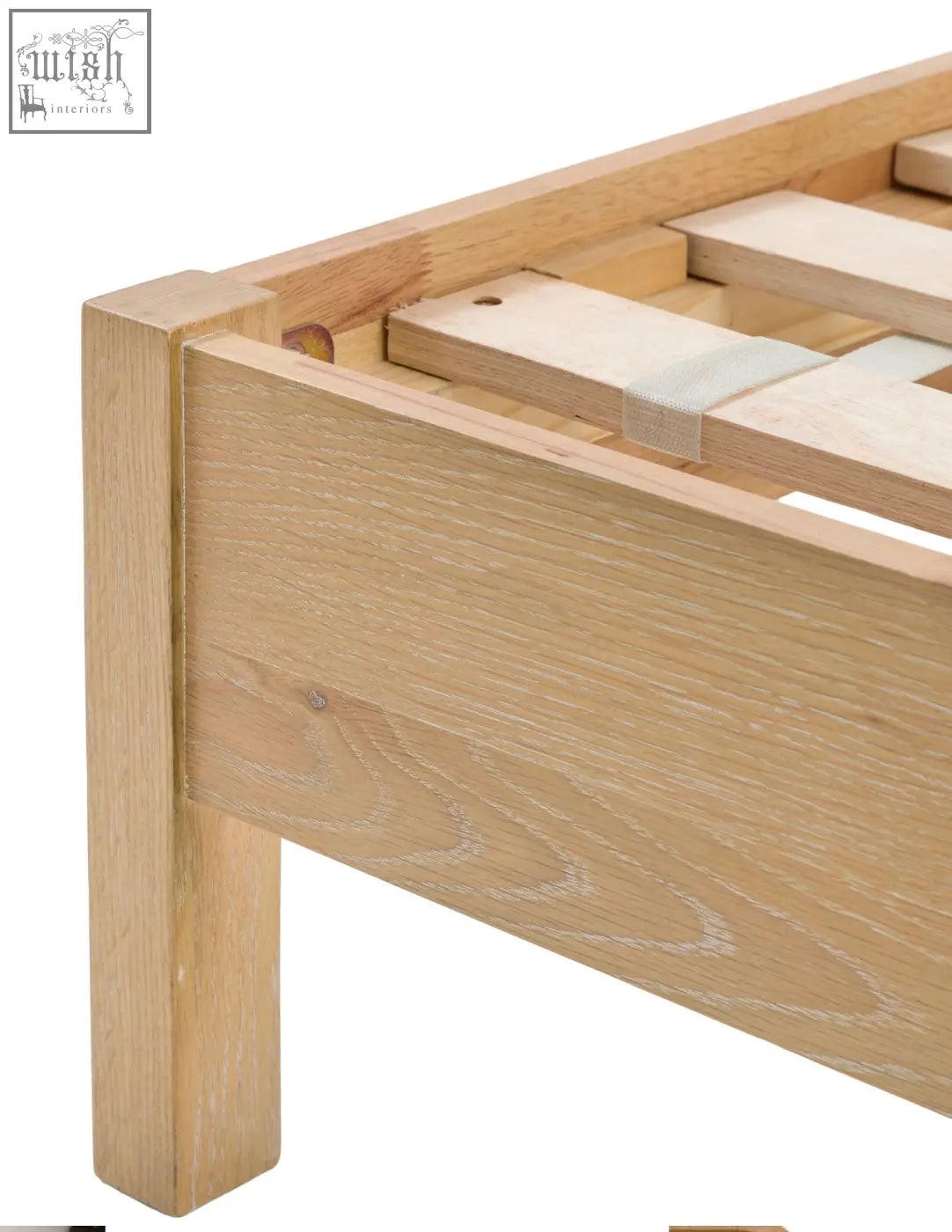 Light oak oakham double bed frame with clean minimalist design and visible oak solids grain