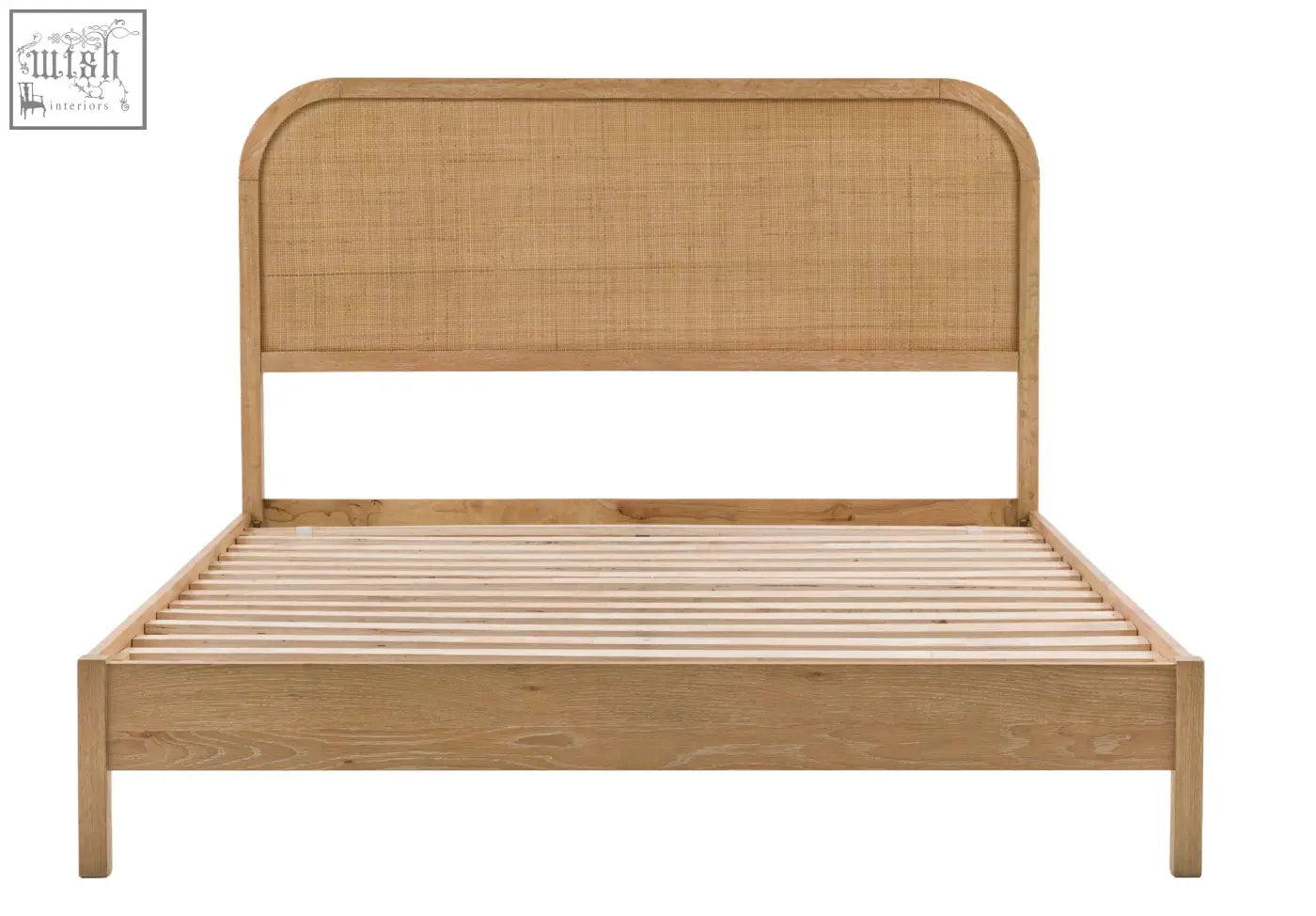 Light oak oakham double bed frame with curved cane headboard and slatted base made from oak solids