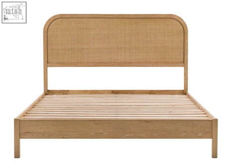 Light oak oakham double bed frame with curved cane headboard and slatted base made from oak solids