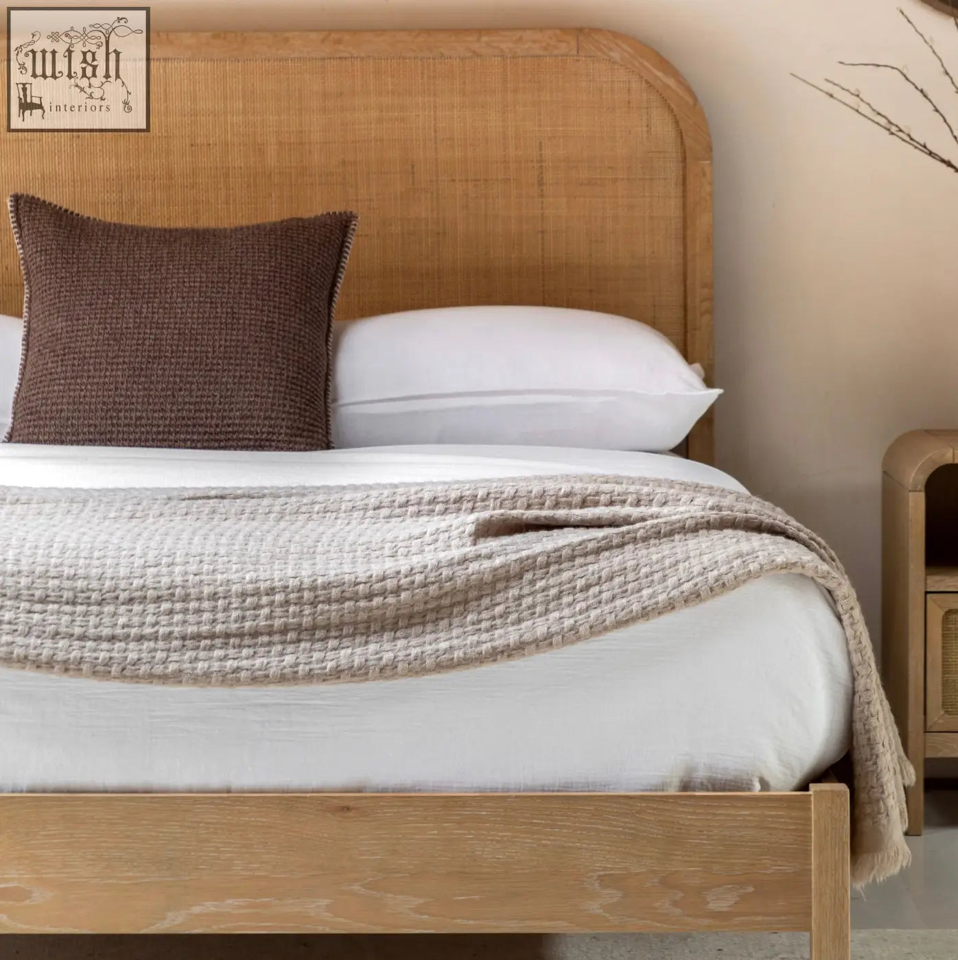 Light wood cane headboard with curved top and woven texture for oakham double bed frame in oak solids