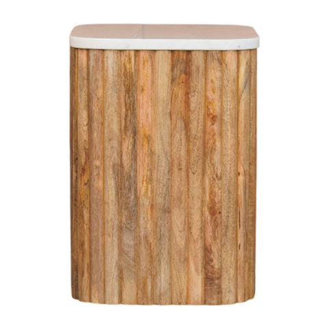 A rustic oakish side table with vertical slats and a smooth white marble top made from solid mango wood