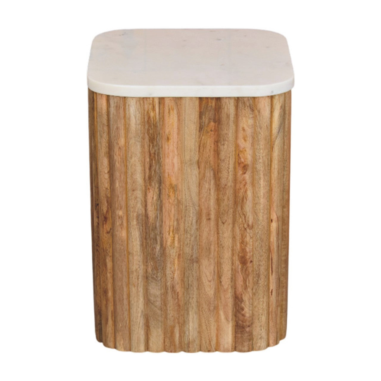 Rectangular oakish marble side table with white marble top and vertically fluted light brown solid mango wood base