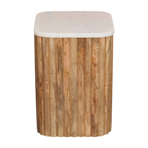 Rectangular oakish marble side table with white marble top and vertically fluted light brown solid mango wood base