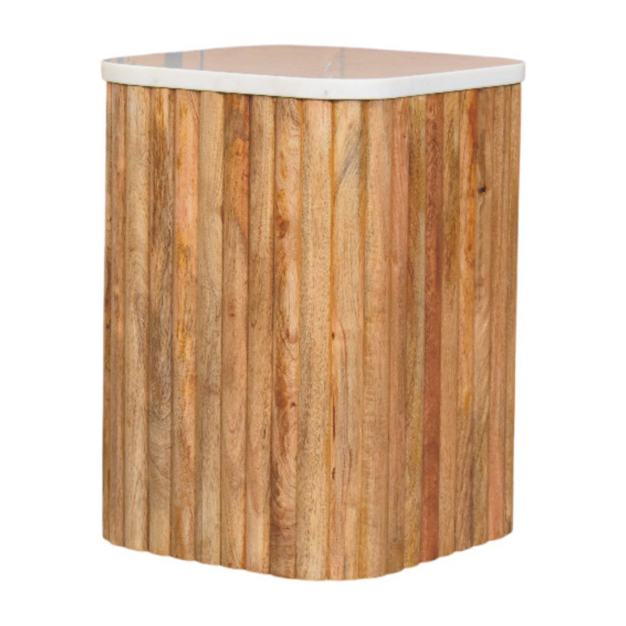 Hexagonal oakish side table with white marble top made of solid mango wood perfect as an accent piece