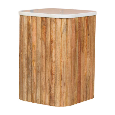 Hexagonal oakish side table with white marble top made of solid mango wood perfect as an accent piece