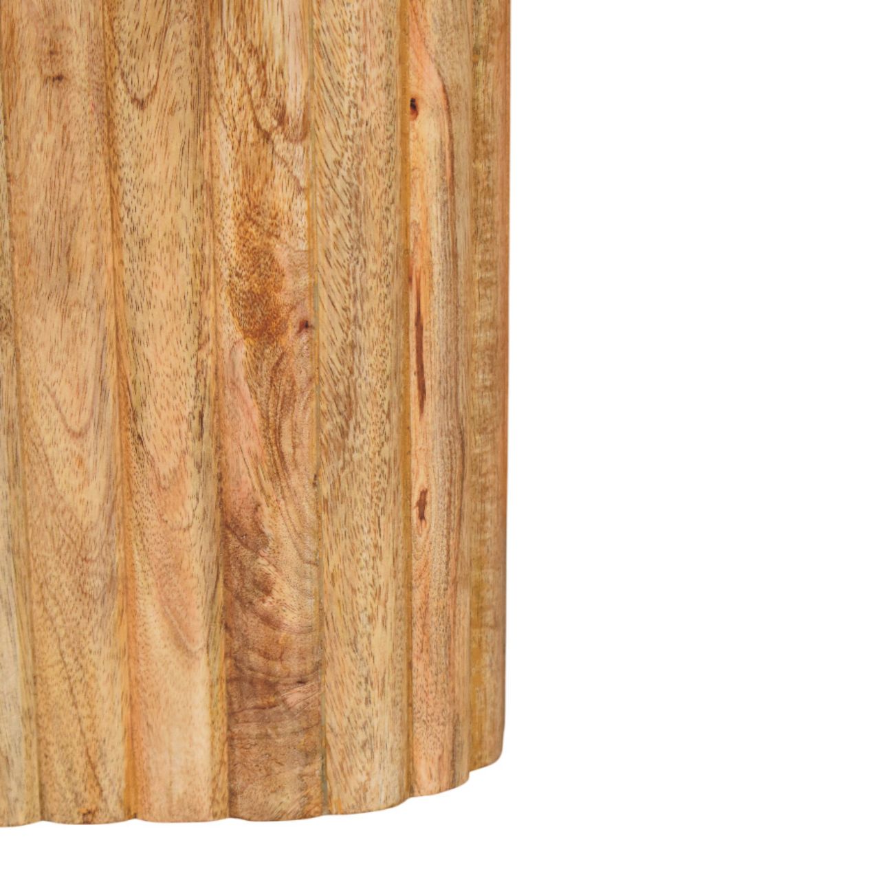 A cylindrical oak-ish marble side table in solid mango wood with a natural light brown finish and visible grain patterns