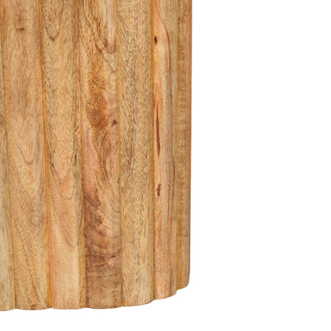 A cylindrical oak-ish marble side table in solid mango wood with a natural light brown finish and visible grain patterns