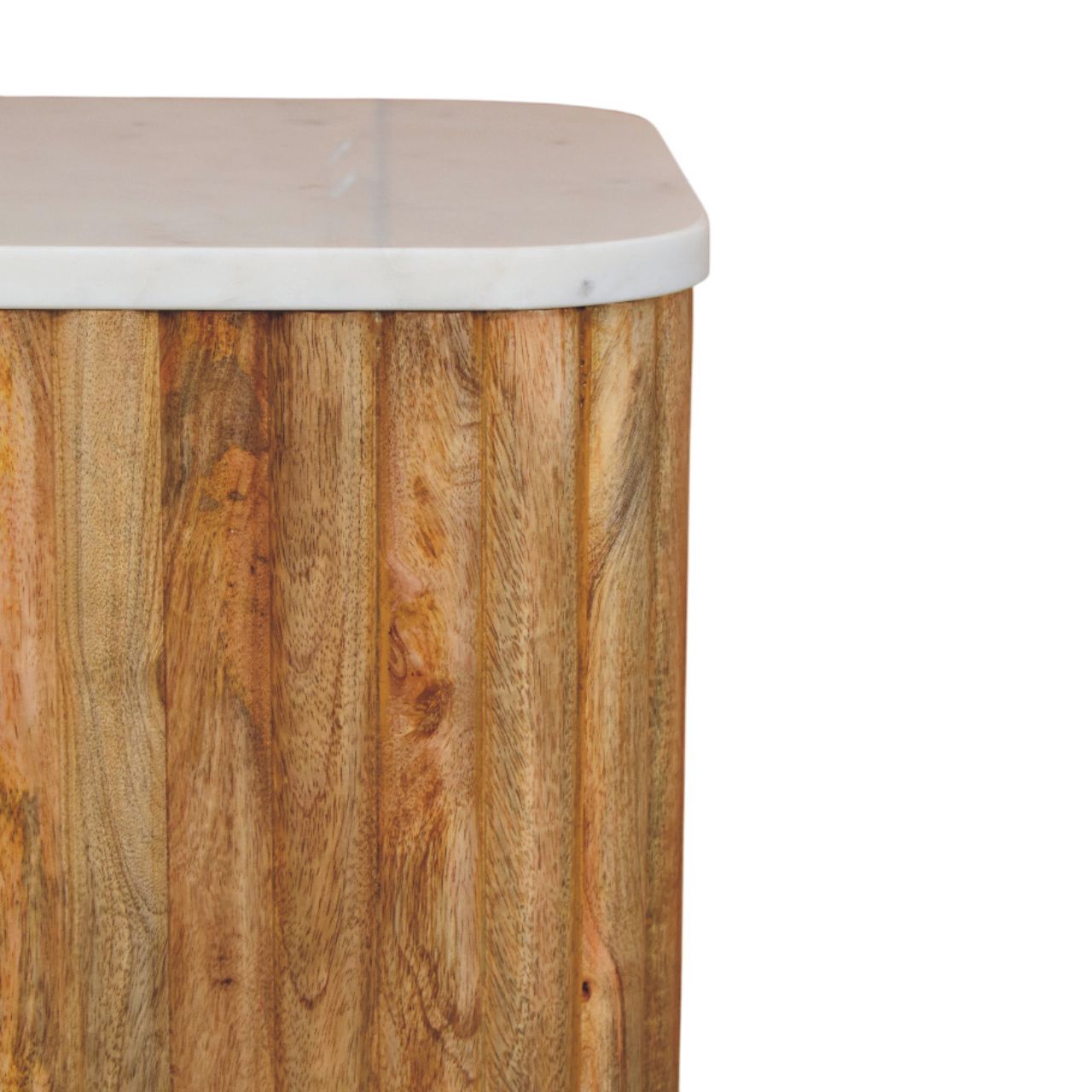 A rustic oakish marble side table with a smooth white marble top made from solid mango wood