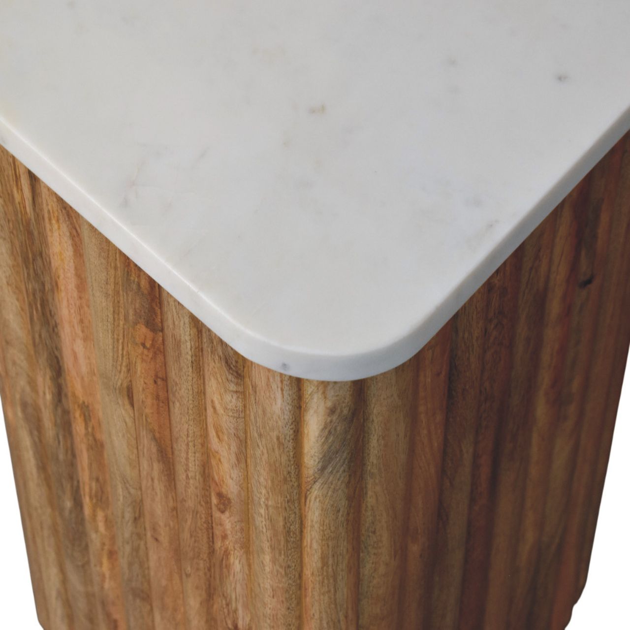 Oakish marble side table with sleek white marble top and rustic ribbed solid mango wood base perfect as an accent piece