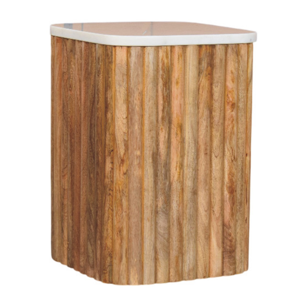 A rustic oakish marble side table with a white marble top and vertical solid mango wood slats accent piece