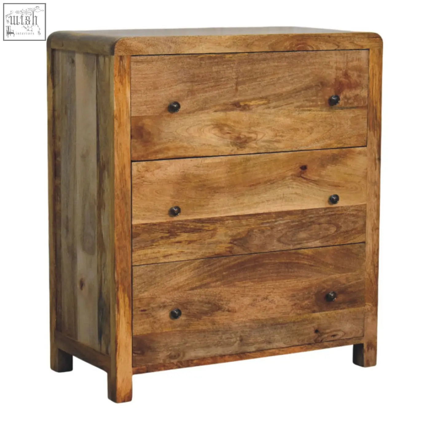 Oakish three drawer chest made of reclaimed wood with rustic drawers and black round knobs for storage