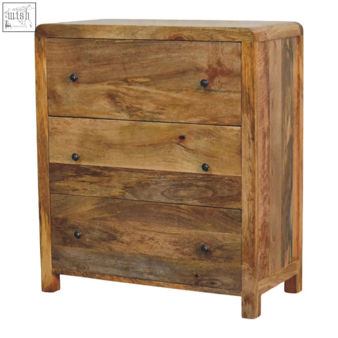 Oakish three drawer chest made of reclaimed wood with rustic grain and dark metal knobs for stylish storage