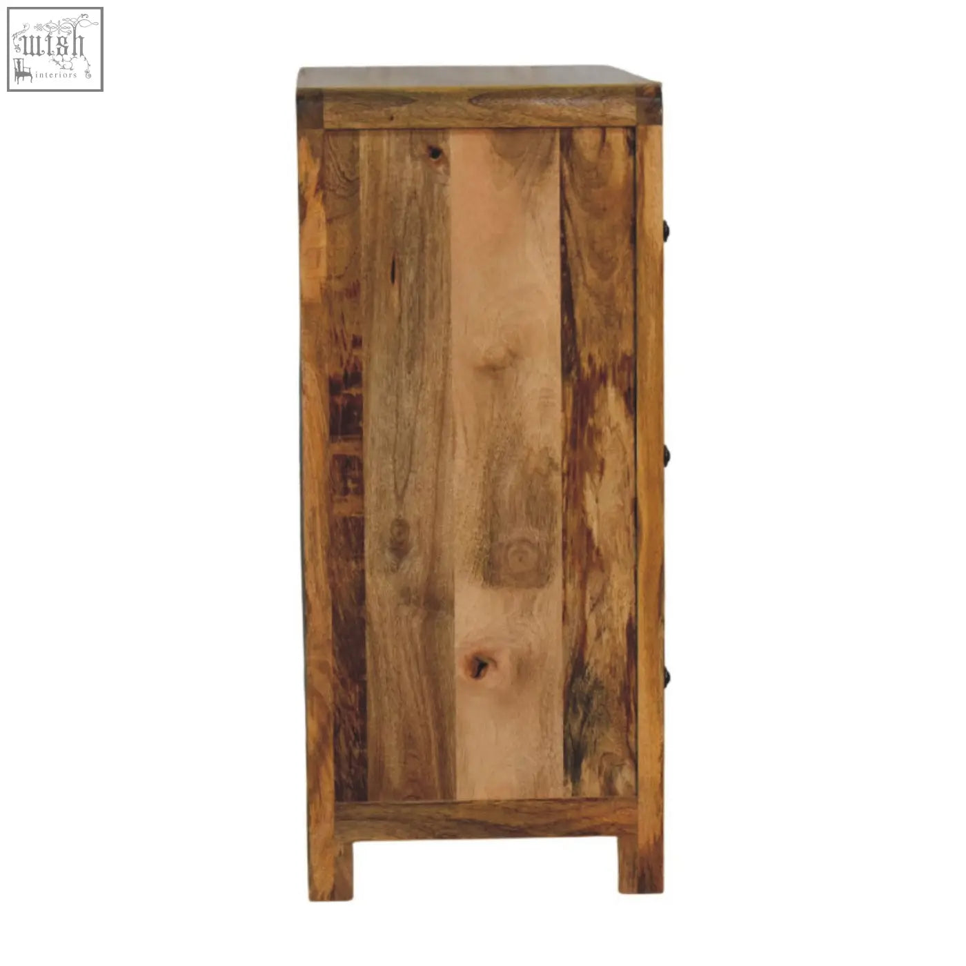 Oakish three drawer chest sideboard made of reclaimed wood with rustic natural finish and visible grain patterns
