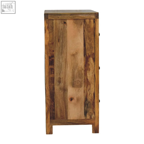 Oakish three drawer chest sideboard made of reclaimed wood with rustic natural finish and visible grain patterns