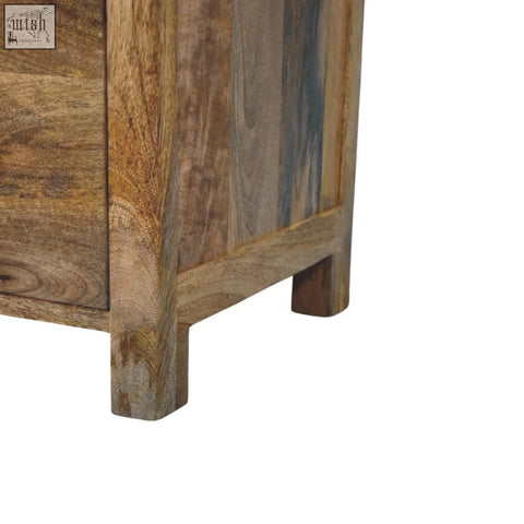 Oakish three drawer chest side table made of reclaimed wood with rustic patchwork design in brown and gray tones