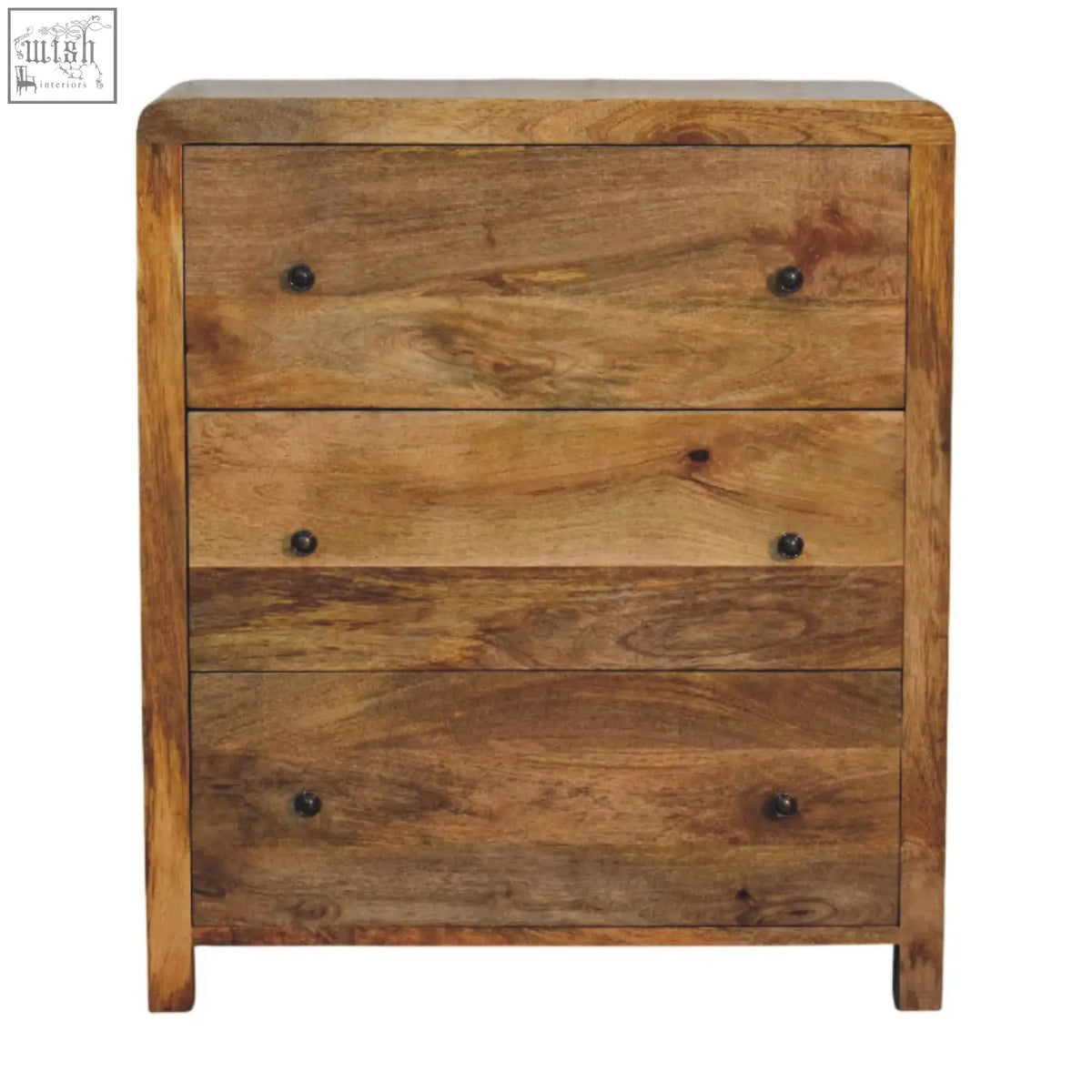 Oakish three drawer chest with rustic warm brown wood grain and dark metal knobs in natural wood finish