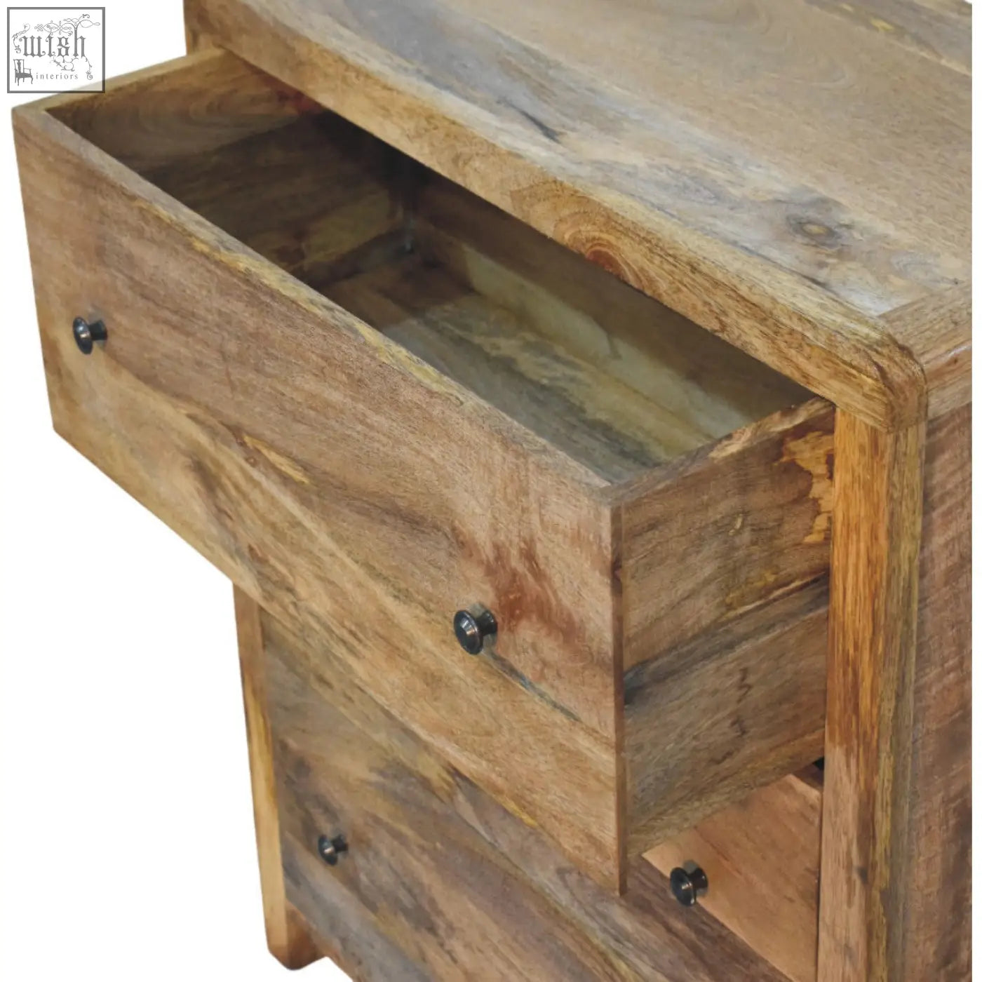 Rustic oakish three drawer chest nightstand with dark metal knobs and wooden finish for bedroom storage