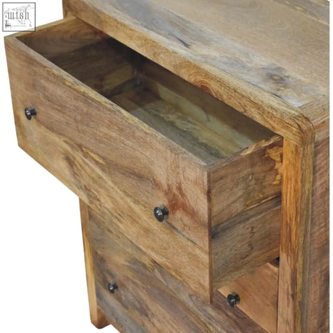 Rustic oakish three drawer chest nightstand with dark metal knobs and wooden finish for bedroom storage