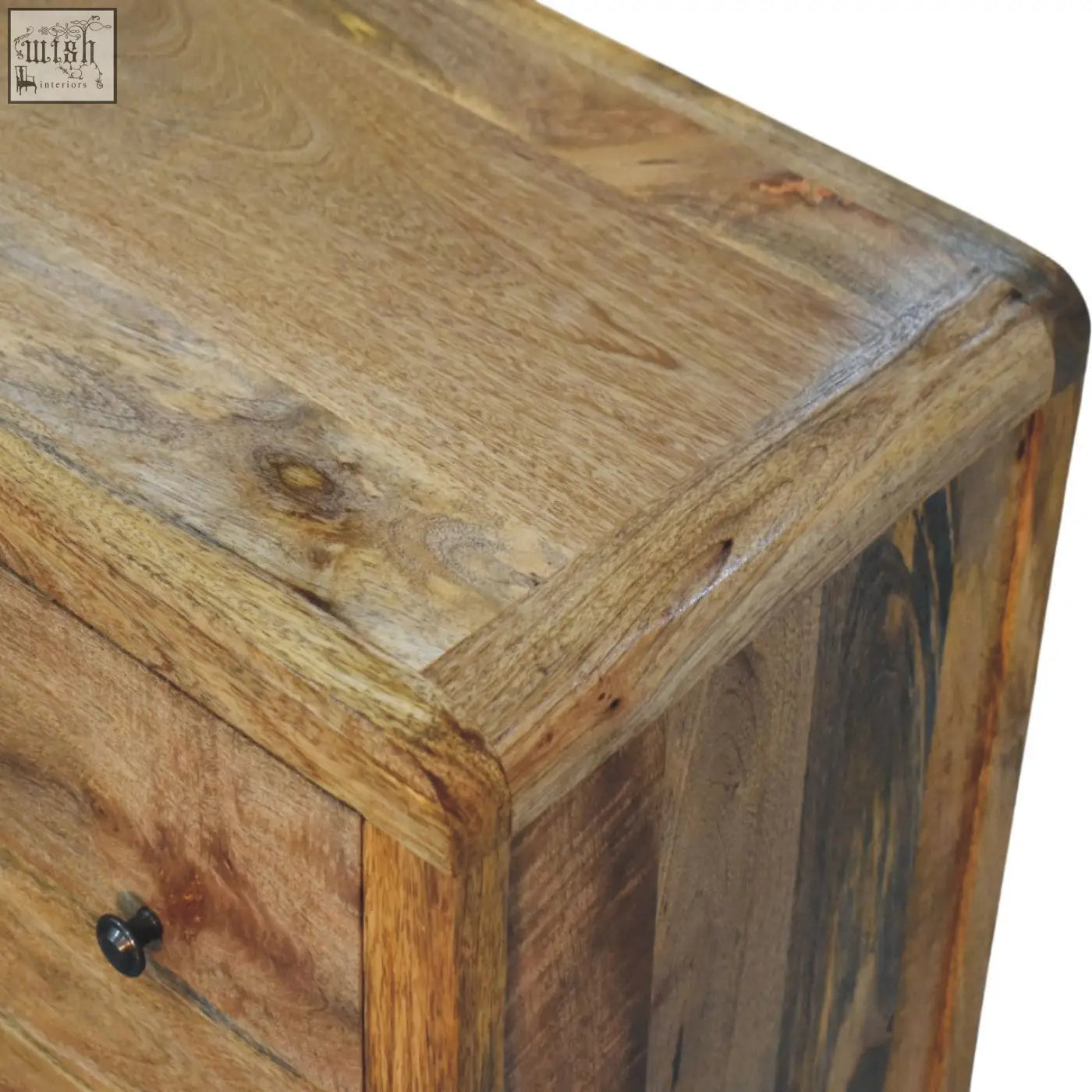Rustic oakish three drawer chest with natural wood finish and visible grain patterns for bedroom storage
