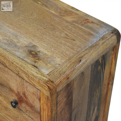Rustic oakish three drawer chest with natural wood finish and visible grain patterns for bedroom storage